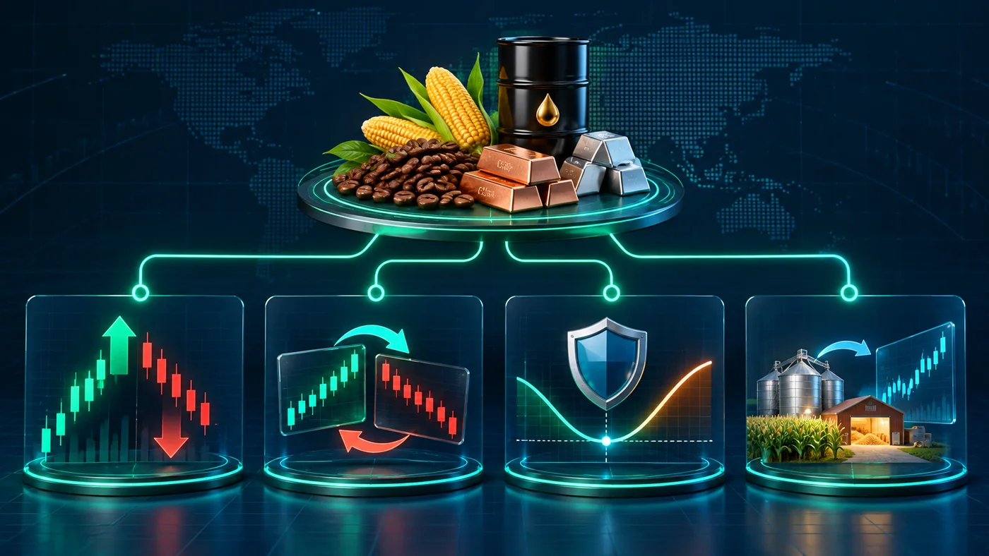 Sơ đồ các nhóm giao dịch hàng hóa: định hướng, spread, options và phòng hộ